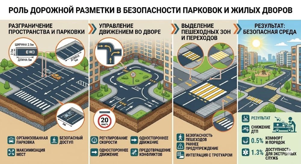 Роль дорожной разметки в безопасности парковок и жилых дворов